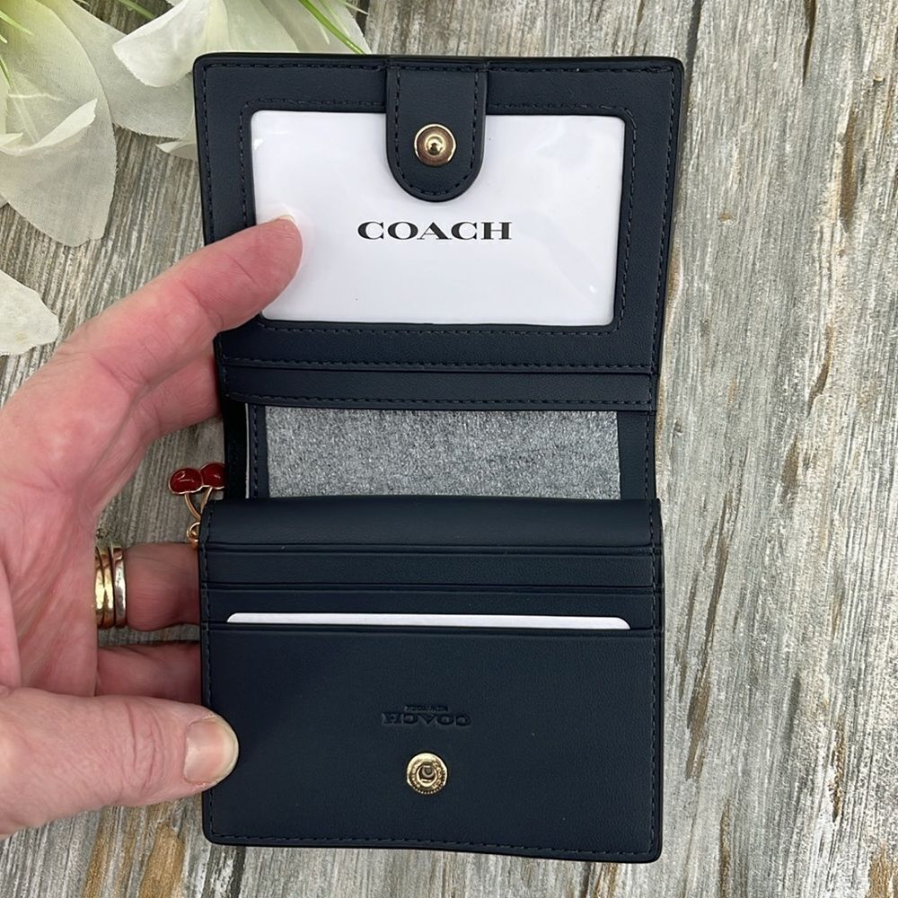 Coach Snap Wallet In Signature Canvas With Cherry Print & Cherry Charm Bag Purse - Picture 6 of 8
